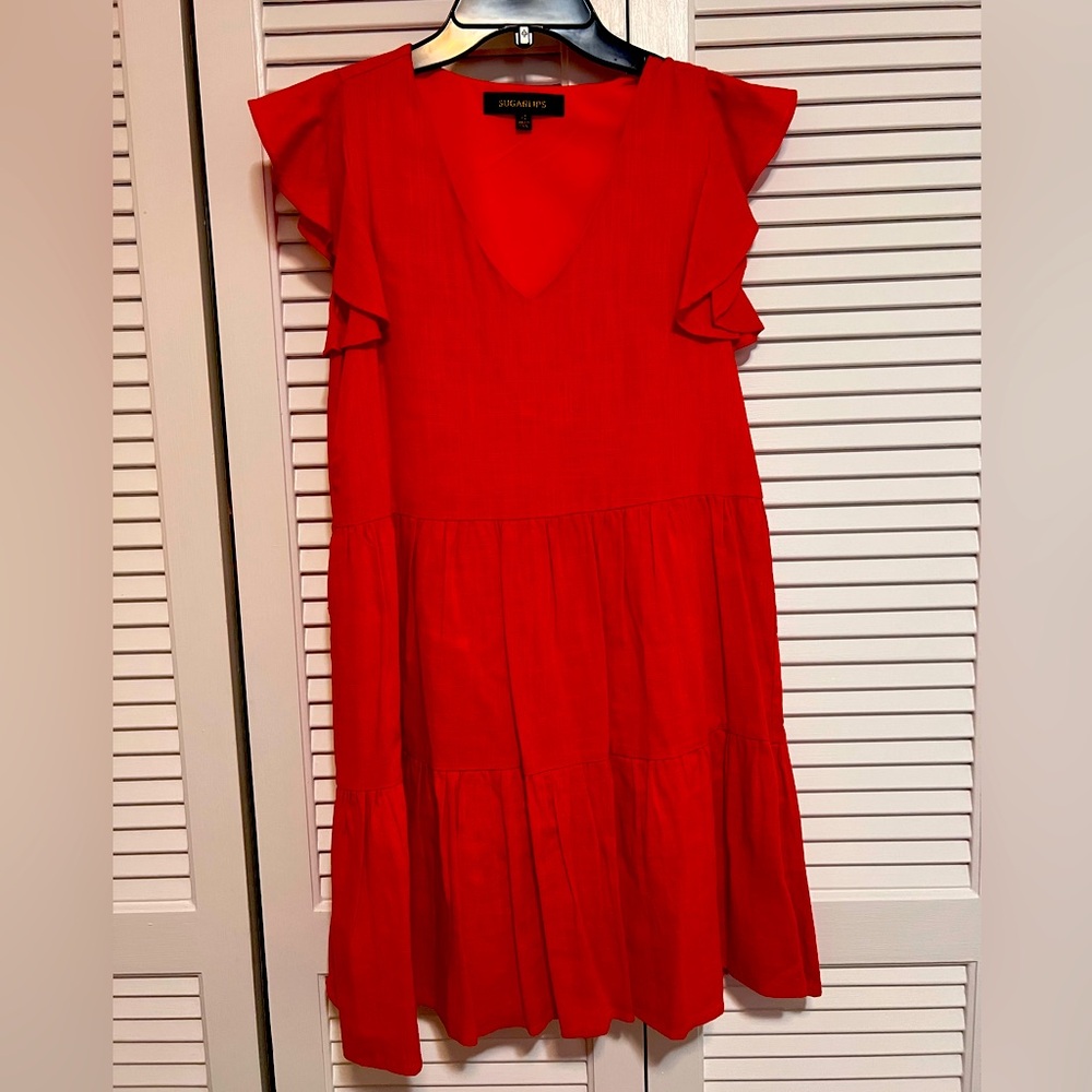 Sugarlips linen blend above the knee sundress, v neck, size XS, orange
